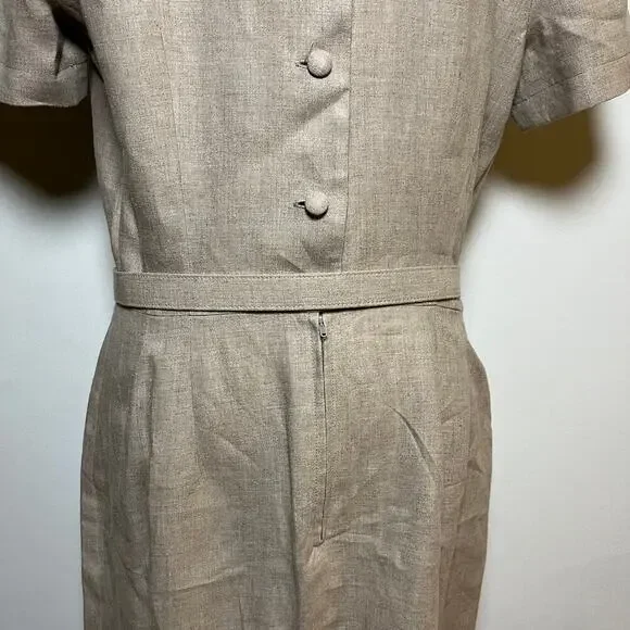 Vintage Maggy London 100% Linen Maxi Dress Beige Size 10 Belt 80s 90s Business - Picture 13 of 15